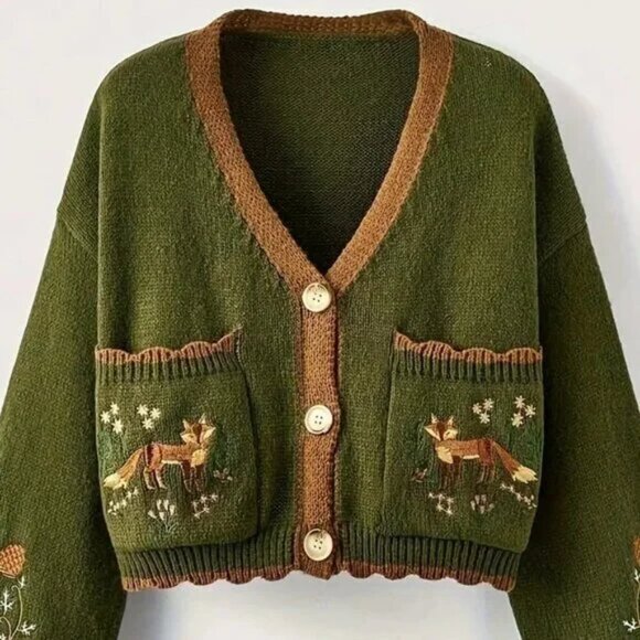 Sweaters - Button Up Fox Nature Forest Green Cardigan With Pockets